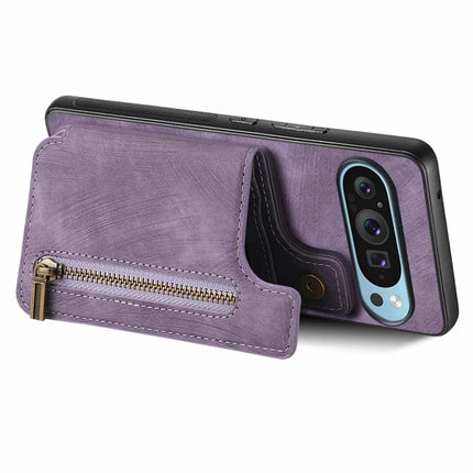 For Google Pixel 9 Pro XL Case with Card Holder Retro Leather+TPU Zipper Phone Cover