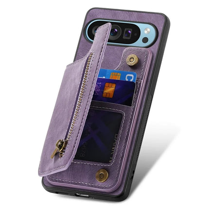 For Google Pixel 9 Pro XL Case with Card Holder Retro Leather+TPU Zipper Phone Cover