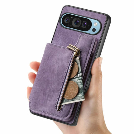 For Google Pixel 9 Pro XL Case with Card Holder Retro Leather+TPU Zipper Phone Cover