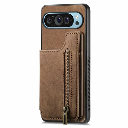 For Google Pixel 9 Pro XL Case with Card Holder Retro Leather+TPU Zipper Phone Cover