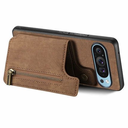 For Google Pixel 9 Pro XL Case with Card Holder Retro Leather+TPU Zipper Phone Cover