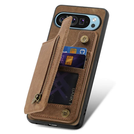 For Google Pixel 9 Pro XL Case with Card Holder Retro Leather+TPU Zipper Phone Cover