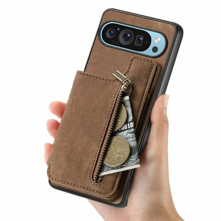 For Google Pixel 9 Pro XL Case with Card Holder Retro Leather+TPU Zipper Phone Cover