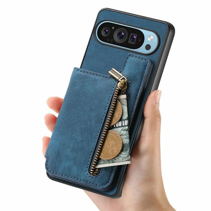 For Google Pixel 9 Pro XL Case with Card Holder Retro Leather+TPU Zipper Phone Cover