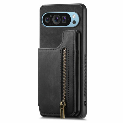 For Google Pixel 9 Pro XL Case with Card Holder Retro Leather+TPU Zipper Phone Cover