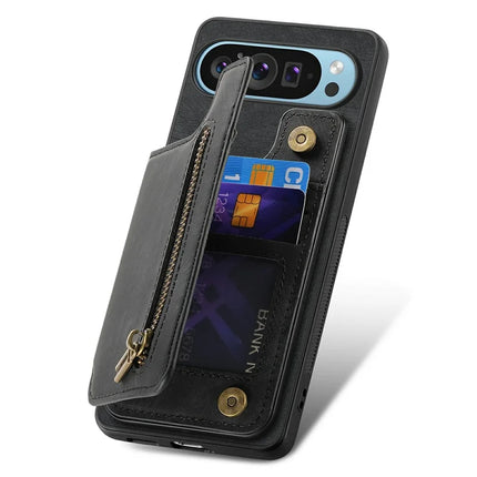 For Google Pixel 9 Pro XL Case with Card Holder Retro Leather+TPU Zipper Phone Cover