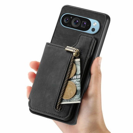 For Google Pixel 9 Pro XL Case with Card Holder Retro Leather+TPU Zipper Phone Cover