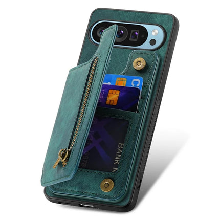 For Google Pixel 9 Pro XL Case with Card Holder Retro Leather+TPU Zipper Phone Cover