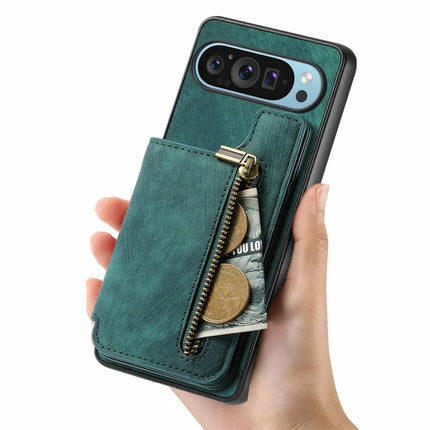For Google Pixel 9 Pro XL Case with Card Holder Retro Leather+TPU Zipper Phone Cover