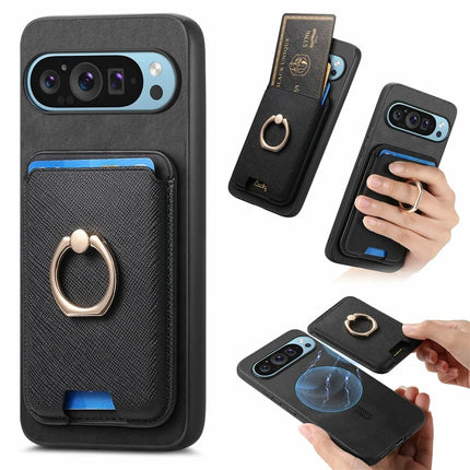 For Google Pixel 9 Pro XL Magnetic Case Leather+TPU Phone Cover Detachable Card Bag - Black