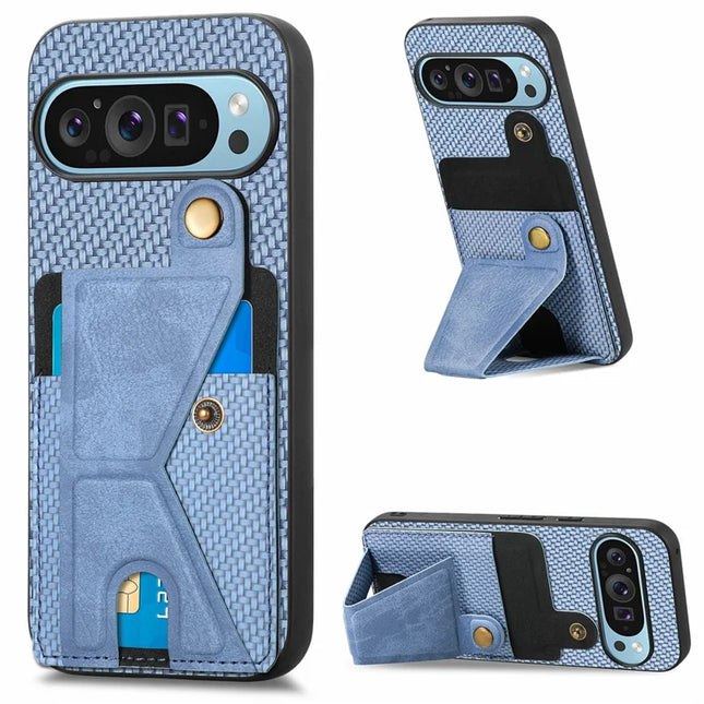For Google Pixel 9 Pro XL Case K-Shaped Kickstand Leather+PC+TPU Phone Cover - Blue