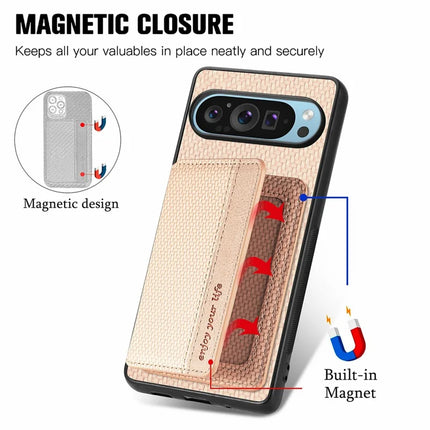 For Google Pixel 9 Pro XL Case RFID Blocking Card Holder Carbon Fiber Leather+PC+TPU Phone Cover