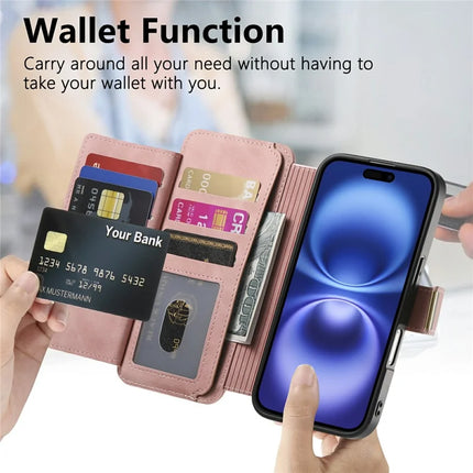 For iPhone 16 Plus Magnetic Leather Case with Detachable RFID Blocking Zipper Wallet Cover
