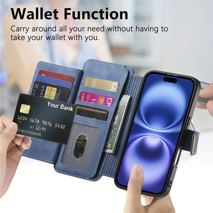 For iPhone 16 Plus Magnetic Leather Case with Detachable RFID Blocking Zipper Wallet Cover