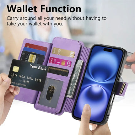 For iPhone 16 Plus Magnetic Leather Case with Detachable RFID Blocking Zipper Wallet Cover