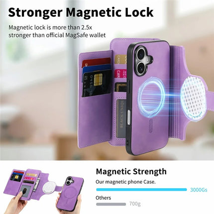 For iPhone 16 Plus Magnetic Leather Case with Detachable RFID Blocking Zipper Wallet Cover