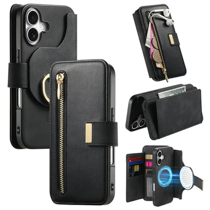 For iPhone 16 Plus Magnetic Leather Case with Detachable RFID Blocking Zipper Wallet Cover - Black