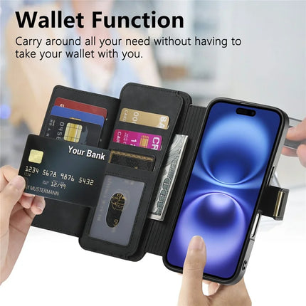For iPhone 16 Plus Magnetic Leather Case with Detachable RFID Blocking Zipper Wallet Cover