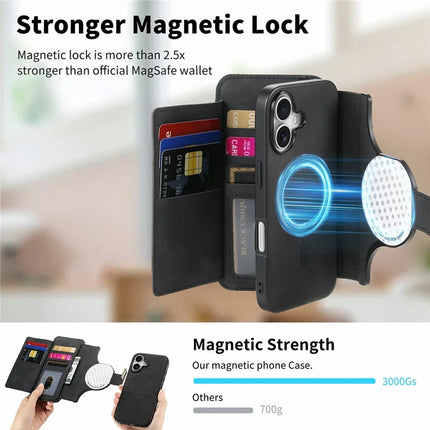 For iPhone 16 Plus Magnetic Leather Case with Detachable RFID Blocking Zipper Wallet Cover