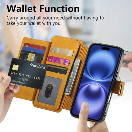 For iPhone 16 Plus Magnetic Leather Case with Detachable RFID Blocking Zipper Wallet Cover