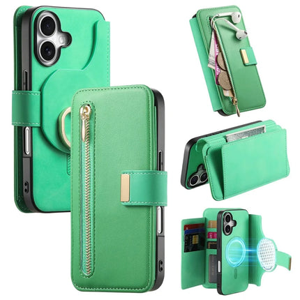 For iPhone 16 Plus Magnetic Leather Case with Detachable RFID Blocking Zipper Wallet Cover - Green