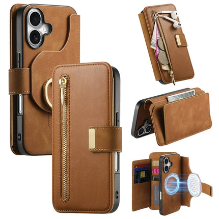 For iPhone 16 Plus Magnetic Leather Case with Detachable RFID Blocking Zipper Wallet Cover - Brown