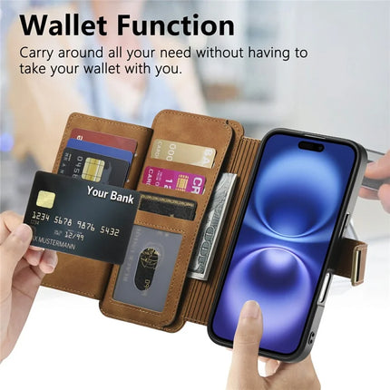 For iPhone 16 Plus Magnetic Leather Case with Detachable RFID Blocking Zipper Wallet Cover