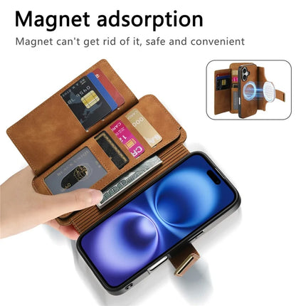 For iPhone 16 Plus Magnetic Leather Case with Detachable RFID Blocking Zipper Wallet Cover