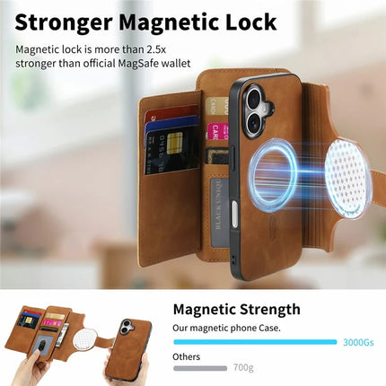 For iPhone 16 Plus Magnetic Leather Case with Detachable RFID Blocking Zipper Wallet Cover