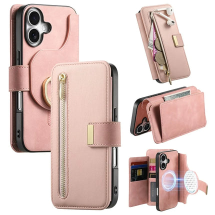 For iPhone 16 Magnetic Leather Case with Detachable RFID Blocking Zipper Wallet Cover - Pink