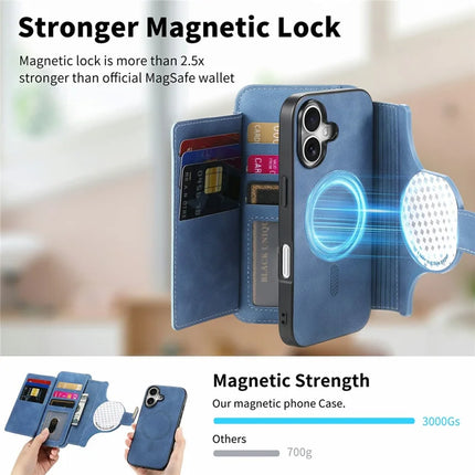 For iPhone 16 Magnetic Leather Case with Detachable RFID Blocking Zipper Wallet Cover