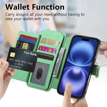 For iPhone 16 Magnetic Leather Case with Detachable RFID Blocking Zipper Wallet Cover