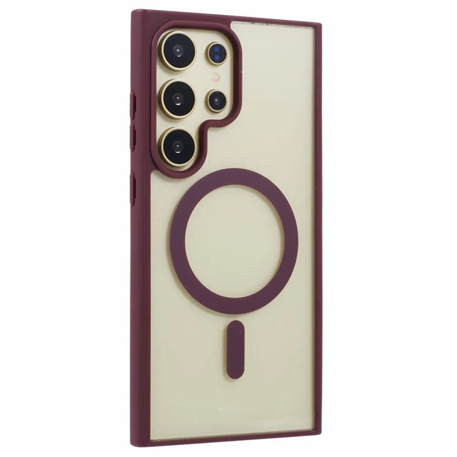 For Samsung Galaxy S23 Ultra Case Compatible with MagSafe Shockproof PC+TPU Clear Phone Cover - Wine Red