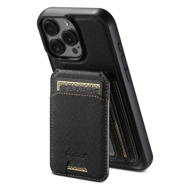 SUTENI H18 For iPhone 16 Pro Max Magnetic Case Cross Texture Leather+TPU Cover with Detachable Card Bag - Black
