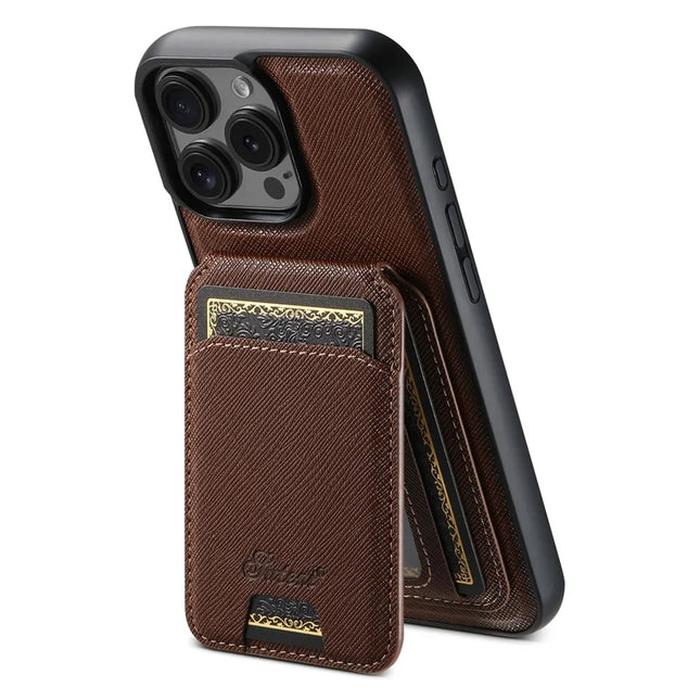 SUTENI H18 For iPhone 16 Pro Max Magnetic Case Cross Texture Leather+TPU Cover with Detachable Card Bag - Brown