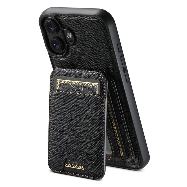 SUTENI H18 For iPhone 16 Plus Magnetic Case Cross Texture Leather+TPU Cover with Detachable Card Bag - Black