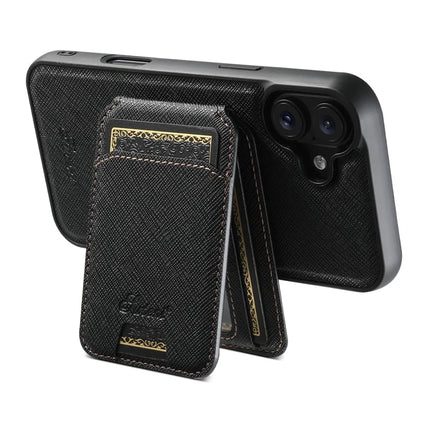 SUTENI H18 For iPhone 16 Plus Magnetic Case Cross Texture Leather+TPU Cover with Detachable Card Bag