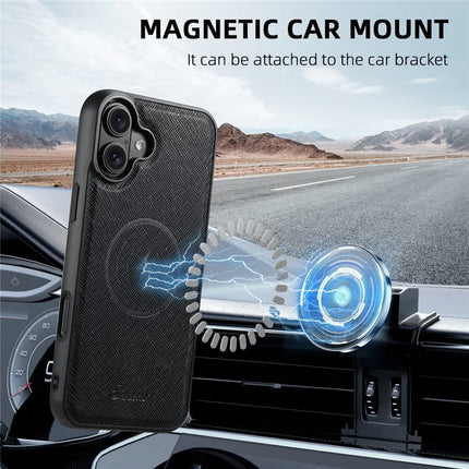 SUTENI H18 For iPhone 16 Plus Magnetic Case Cross Texture Leather+TPU Cover with Detachable Card Bag