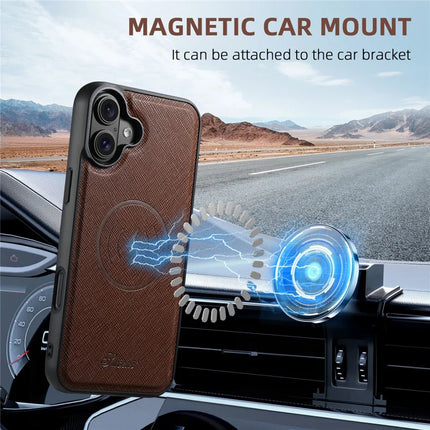SUTENI H18 For iPhone 16 Plus Magnetic Case Cross Texture Leather+TPU Cover with Detachable Card Bag