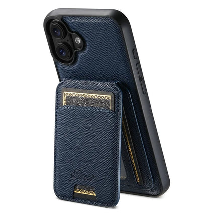 SUTENI H18 For iPhone 16 Plus Magnetic Case Cross Texture Leather+TPU Cover with Detachable Card Bag - Blue