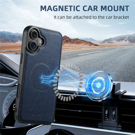 SUTENI H18 For iPhone 16 Plus Magnetic Case Cross Texture Leather+TPU Cover with Detachable Card Bag