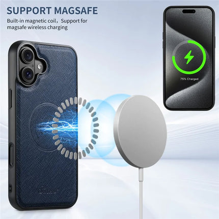 SUTENI H18 For iPhone 16 Plus Magnetic Case Cross Texture Leather+TPU Cover with Detachable Card Bag