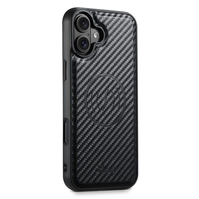 ShopCaseCart Premium Kickstand iPhone 16 Snap-on Protective cover Carbon Fiber Texture Leather+TPU Guard with Detachable Card Bag