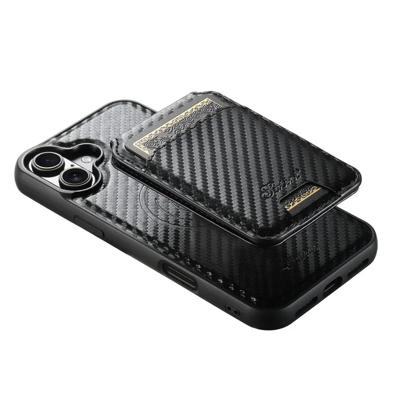 ShopCaseCart Premium Kickstand iPhone 16 Snap-on Protective cover Carbon Fiber Texture Leather+TPU Guard with Detachable Card Bag
