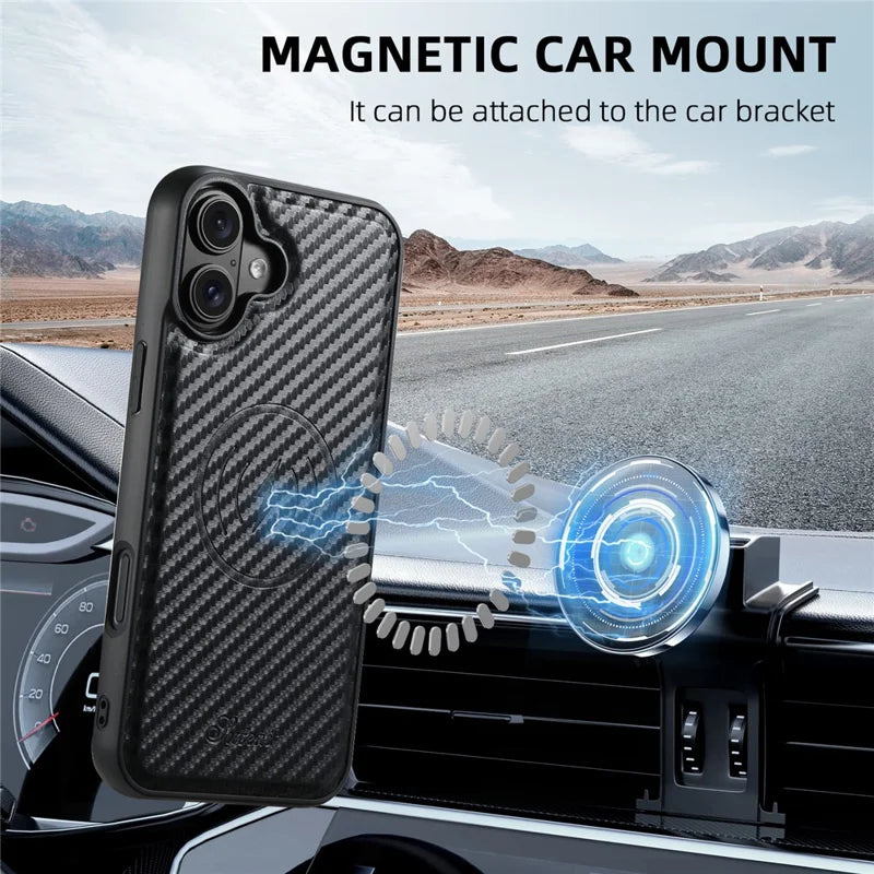 ShopCaseCart Premium Kickstand iPhone 16 Snap-on Protective cover Carbon Fiber Texture Leather+TPU Guard with Detachable Card Bag