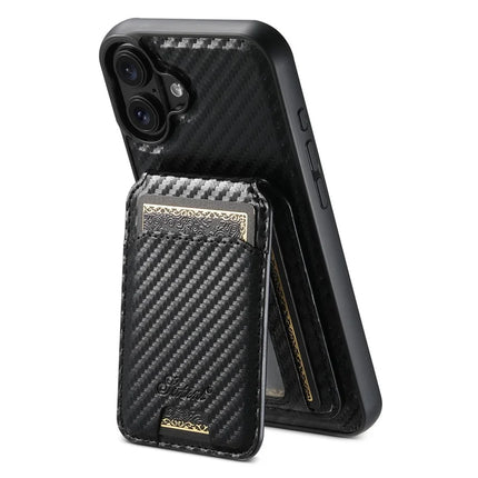 SUTENI H18 For iPhone 16 Plus Magnetic Case Carbon Fiber Texture Leather+TPU Cover with Detachable Card Bag