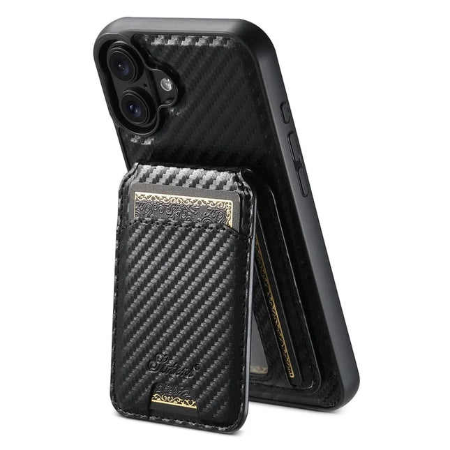 SUTENI H18 For iPhone 16 Plus Magnetic Case Carbon Fiber Texture Leather+TPU Cover with Detachable Card Bag