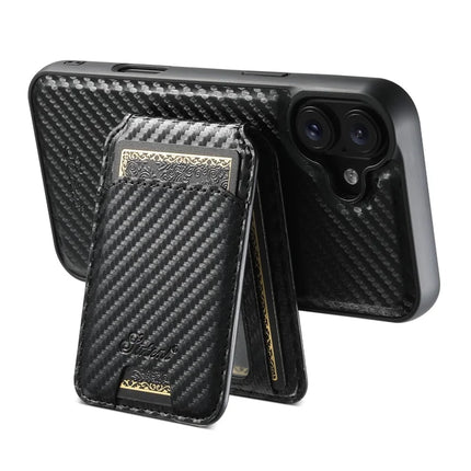 SUTENI H18 For iPhone 16 Plus Magnetic Case Carbon Fiber Texture Leather+TPU Cover with Detachable Card Bag