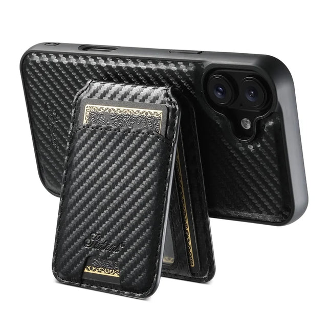 SUTENI H18 For iPhone 16 Plus Magnetic Case Carbon Fiber Texture Leather+TPU Cover with Detachable Card Bag