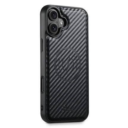 SUTENI H18 For iPhone 16 Plus Magnetic Case Carbon Fiber Texture Leather+TPU Cover with Detachable Card Bag